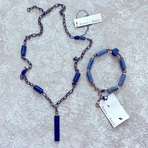 Brand New Aureus + Argent Necklace & Bracelet Set Alexandria Narrow Pendant Blue - Picture 3 of 14